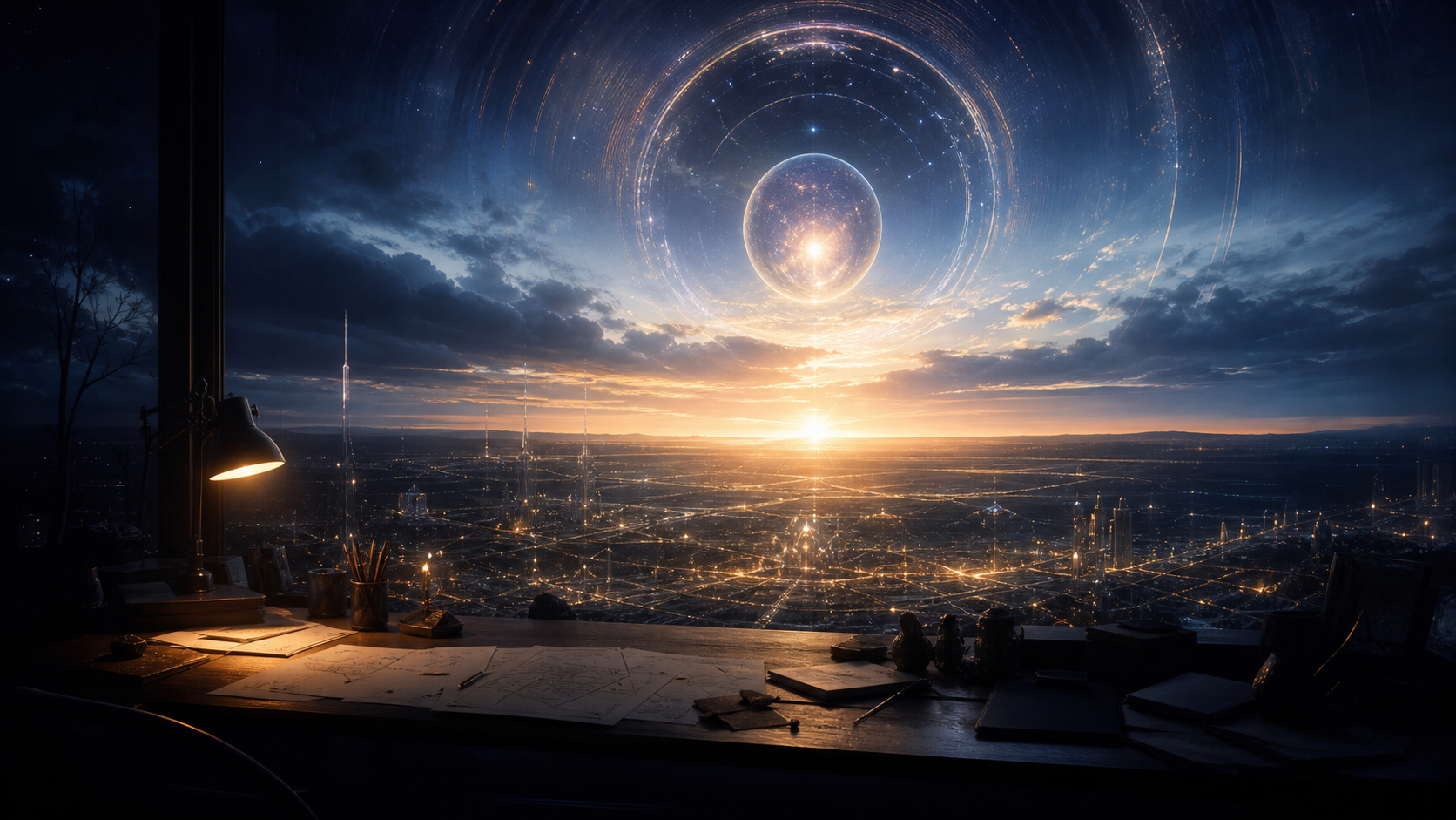 A warmly lit desk overlooking a luminous city at dawn, beneath a radiant sphere and concentric rings of light.