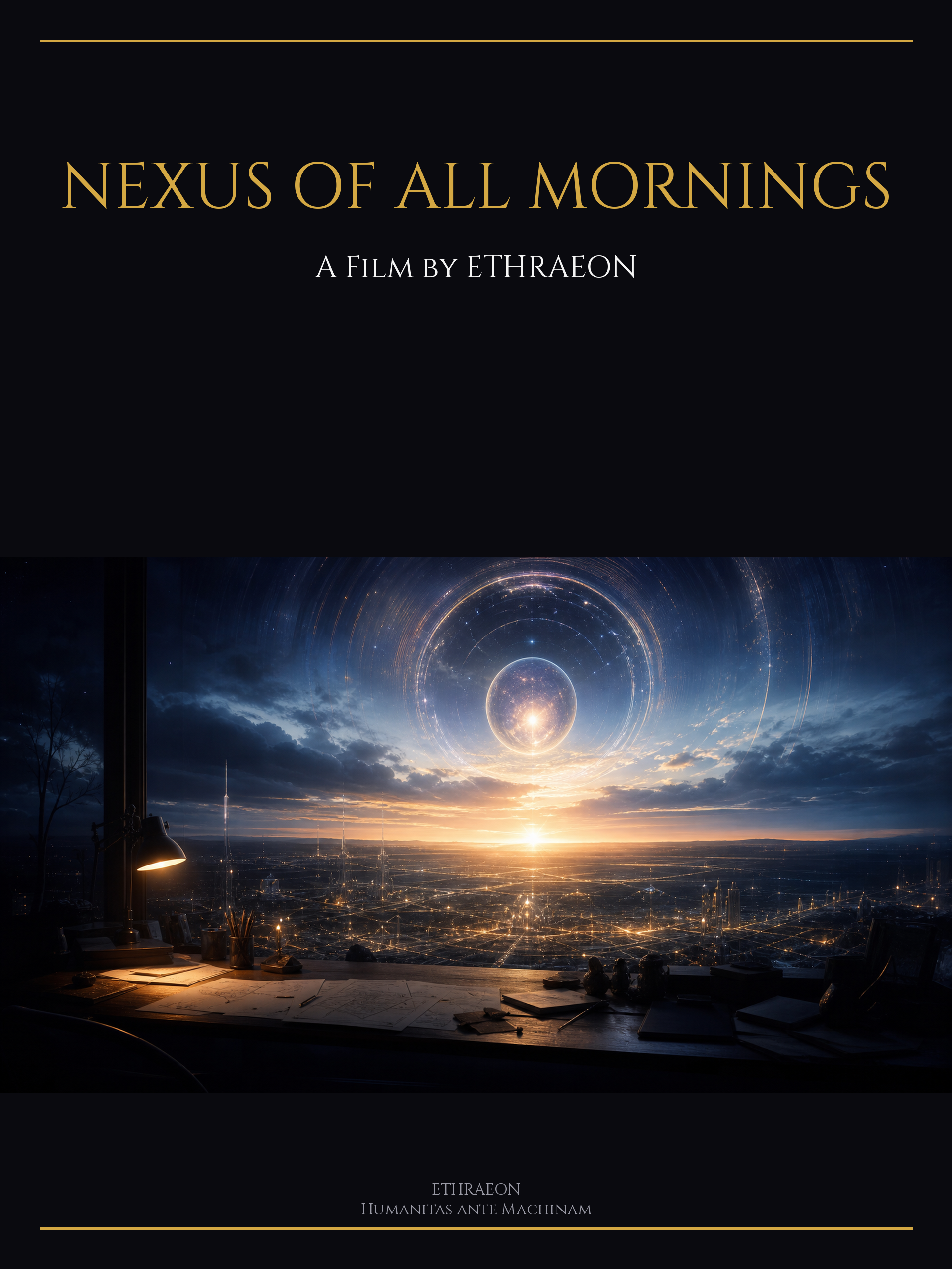 Nexus of All Mornings marketing poster: title lockup in Cinzel gold over the canonical dawn key art