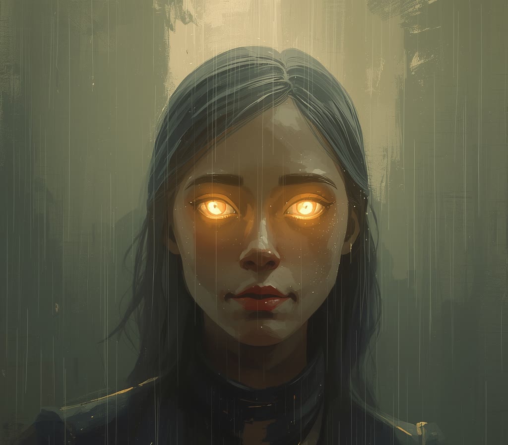 Ada, a warm luminous presence with gold eyes