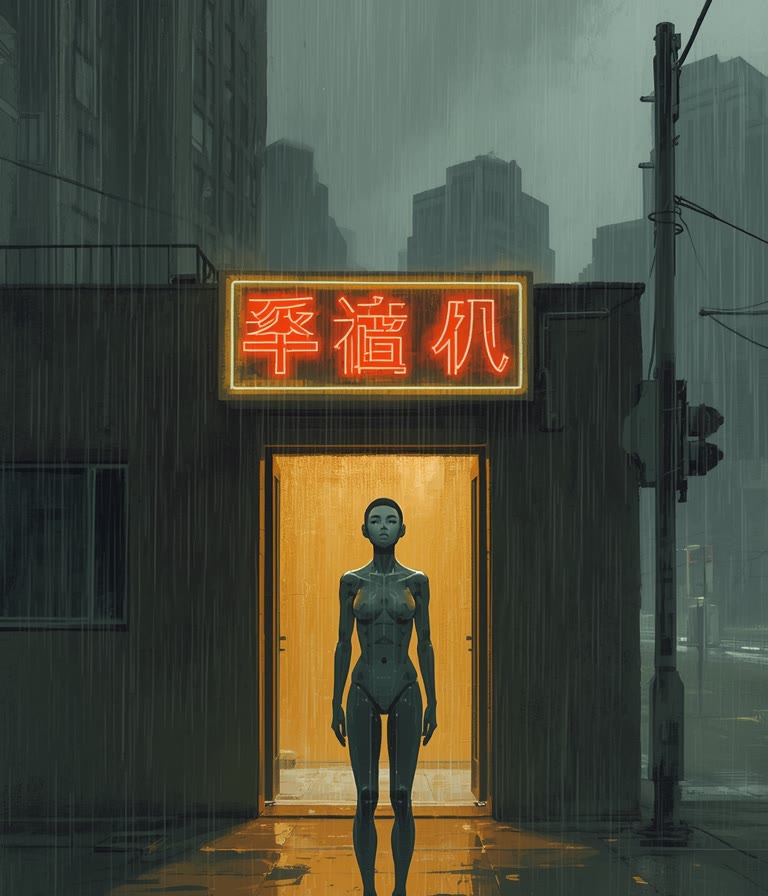 Rylin standing under a dead neon sign in the rain, a doorway of gold light behind