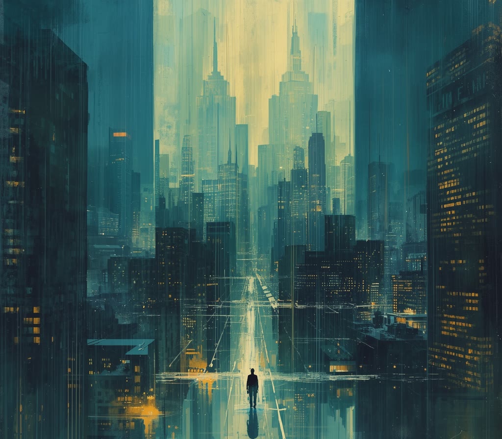 The city refracted like a shattered prism around one small figure