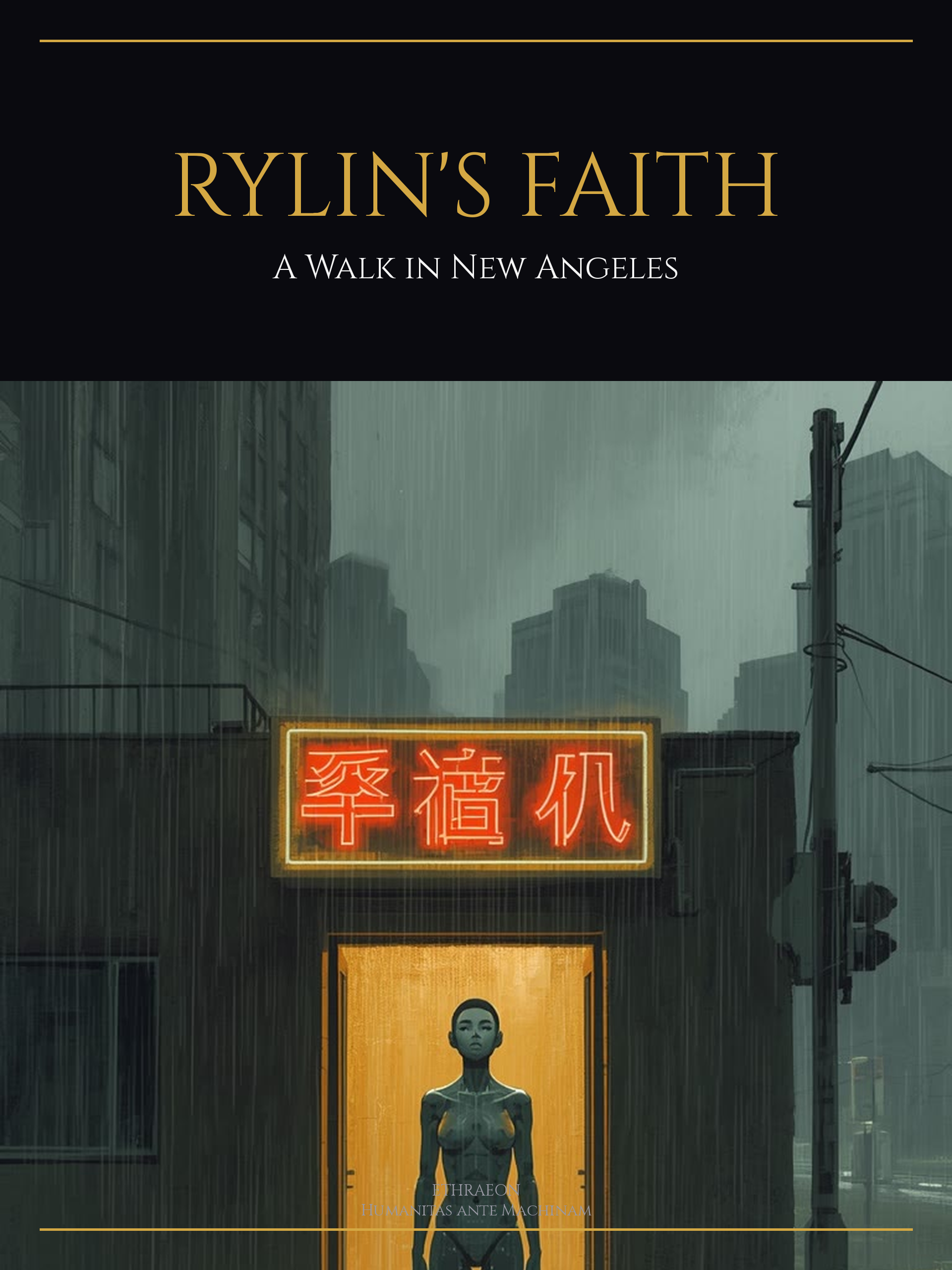 RYLIN'S FAITH marketing poster: hero keyart with title lockup in Cinzel gold serif over rain-soaked New Angeles street