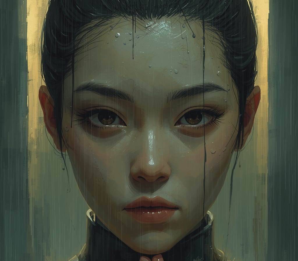 Rylin, an androgynous android with faint synthetic translucence, rain on the face