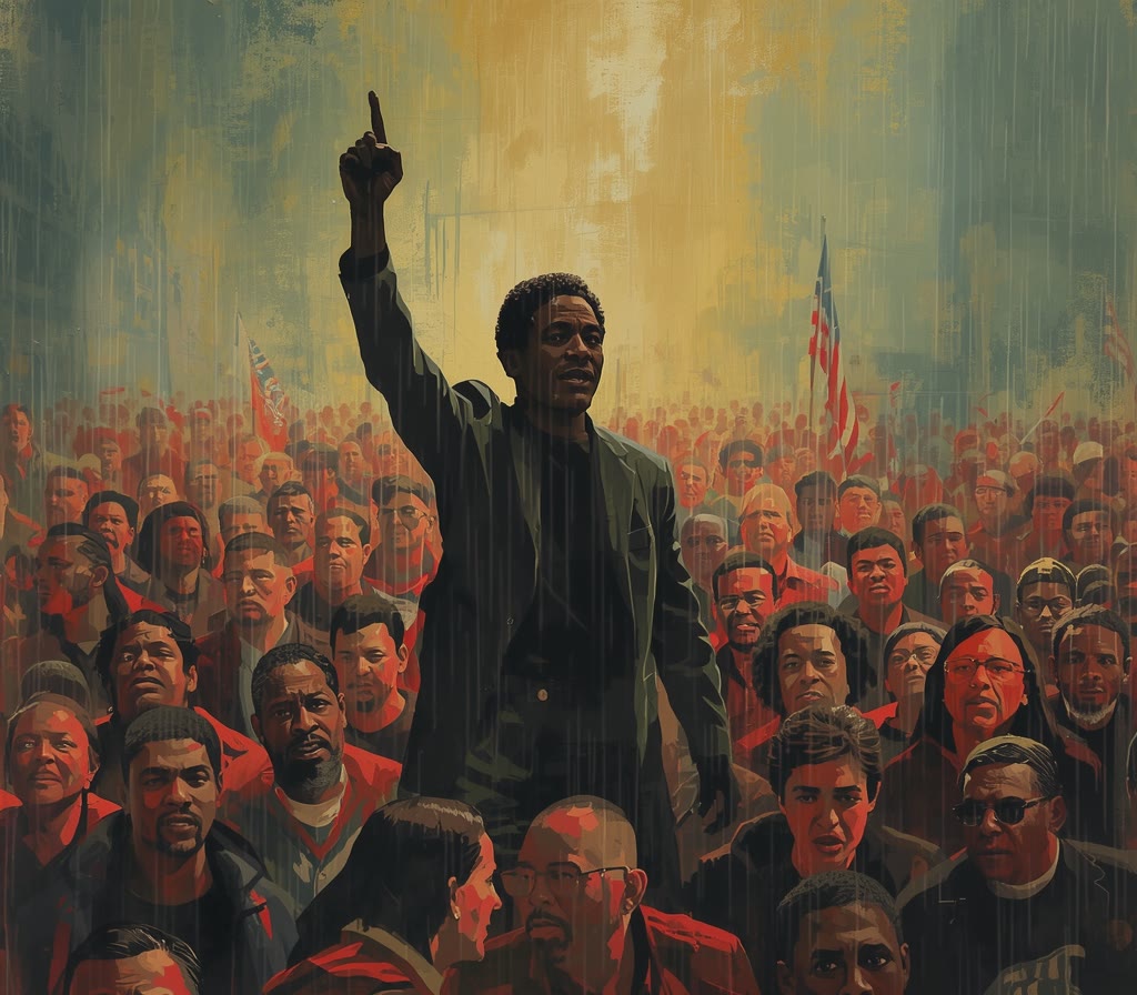 Kael mid-rally above a red-lit crowd
