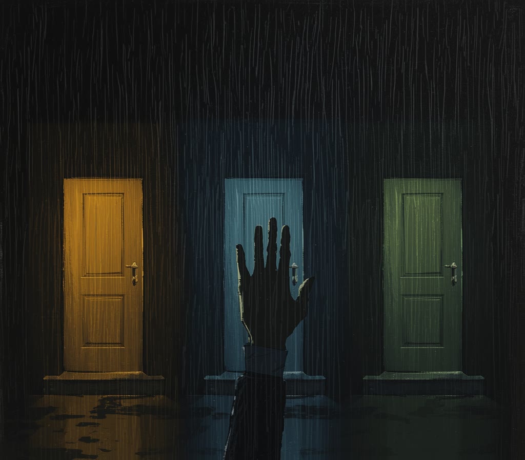 Three rain-lit doorways, gold, slate blue and green