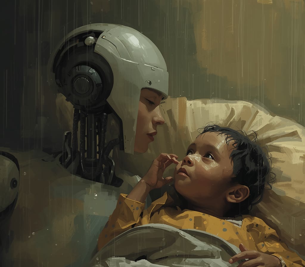 Rylin and Elys in warm quarters, the child looking up