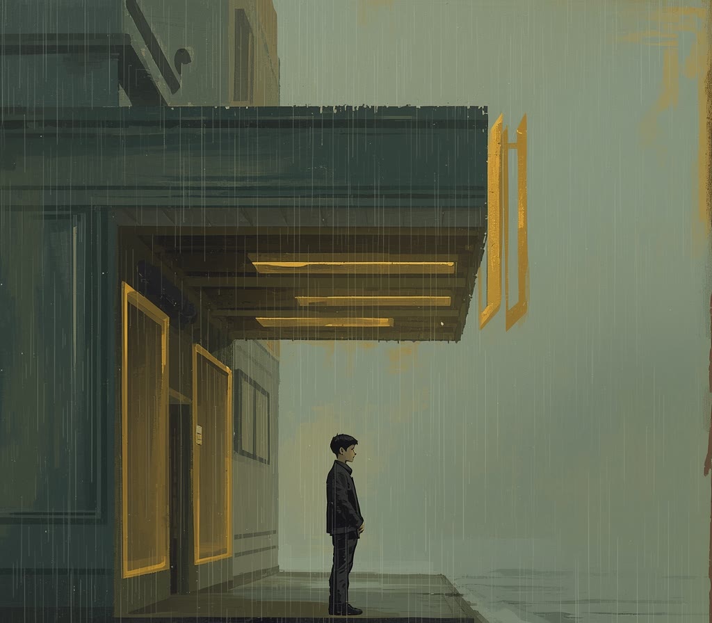 A lone figure under an unlit sign as the rain eases